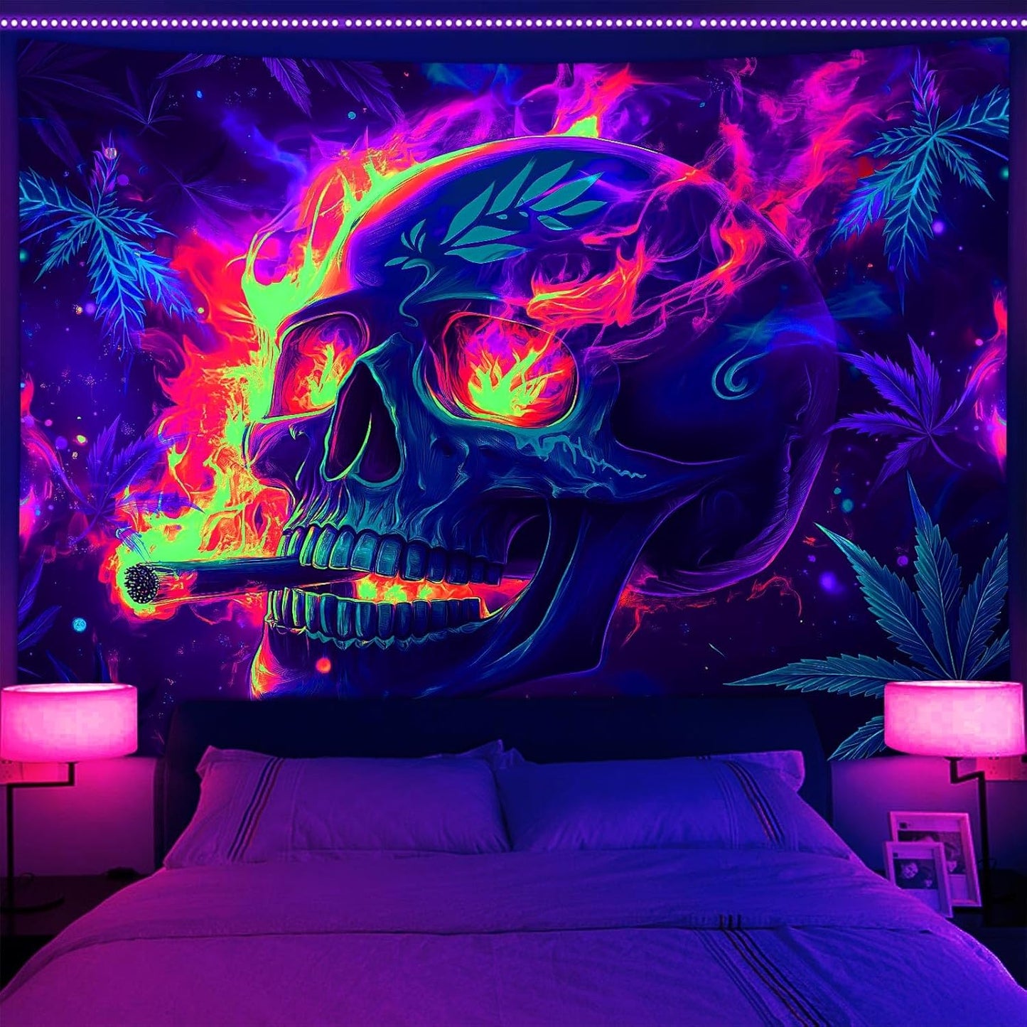Blacklight Skeleton Tapestry, Glowing Skull UV Reactive Gothic Wall Hanging Tapestries, Glow in the Dark Grim Reaper Magic Horror Face Halloween Poster Tapestry for Bedroom Living Room Decor 80X60IN