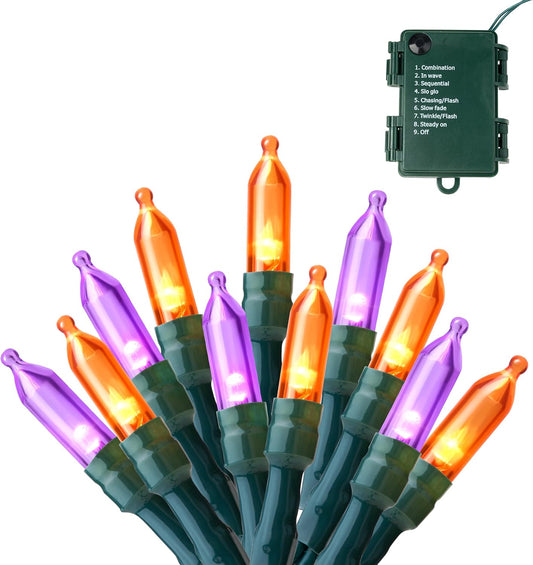 Joiedomi 16.3FT Orange&Purple Halloween Lights,2×50 Count Battery Operated Christmas String Tree Fairy LED Lights with 8 Modes,Multifunction Green Wire with Timer for Xmas Decor Party Holiday
