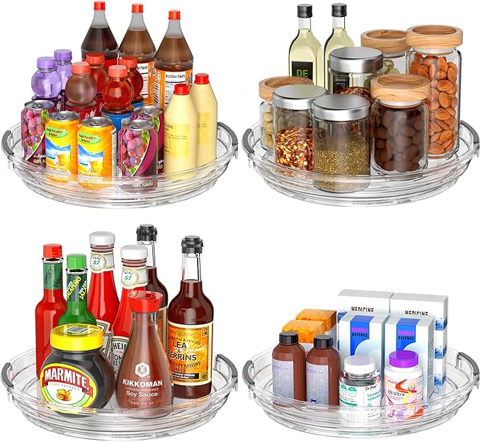 Clear Lazy Susan Organizer Turntable for Cabinet Table Top, 9.25 Inch 4 Pack 360 Rotating Spinning Makeup Organizer for Vanity, Kitchen Storage Rack Heavy-Duty Pantry Spices Tray Countertop Organizer