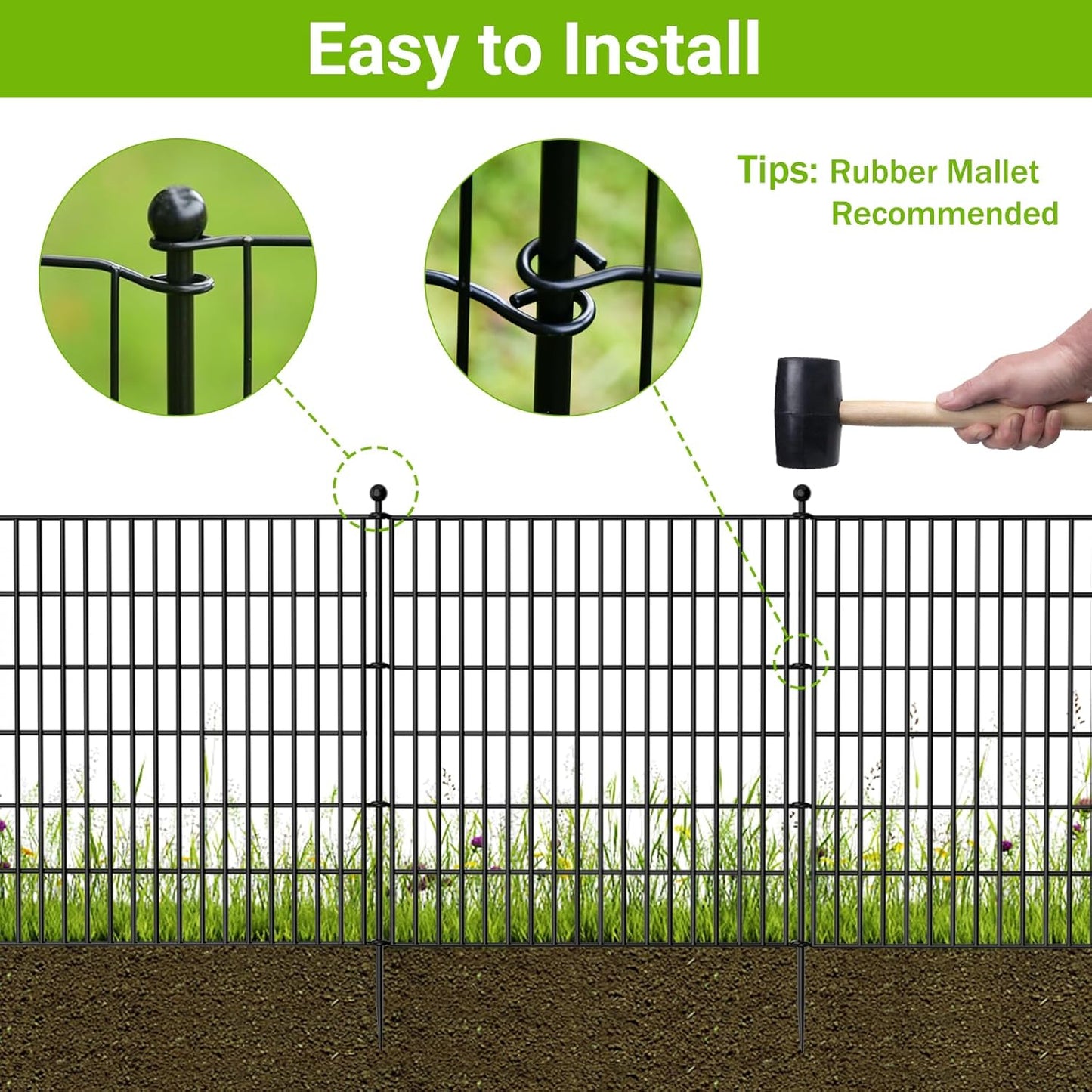 8 Panels No Dig Decorative Outdoor Garden Fence for Yard, 48 in(H) X 21 ft(L) Animal Barrier Fencing Rustproof Metal Wire Panel Border for Dog, Rabbits, and Patio Temporary Ground Stakes
