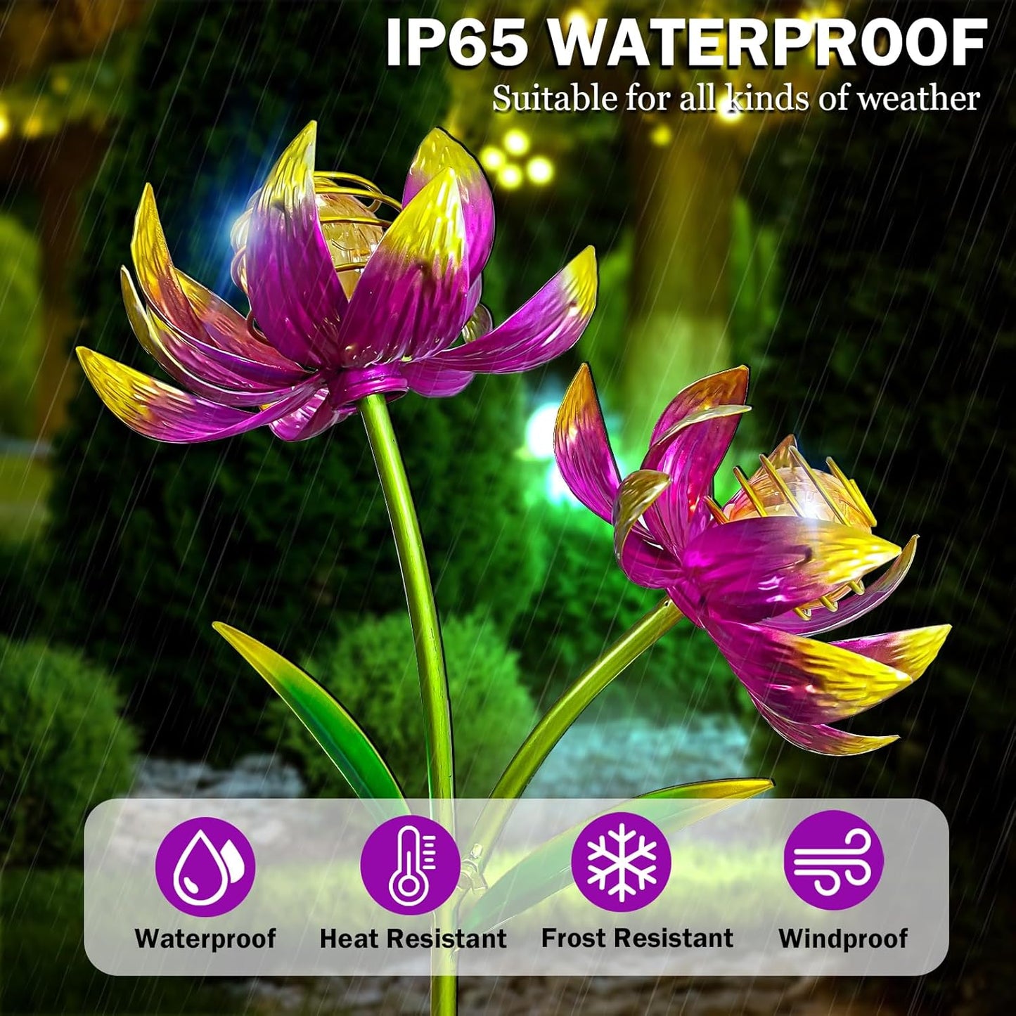 Solar Wind Spinner Outdoor, 63 Inch Metal Wind Spinner Yard Art with Lights - Twin Flower Design Pinwheels for Yard and Garden Decor, Solar Garden Decor