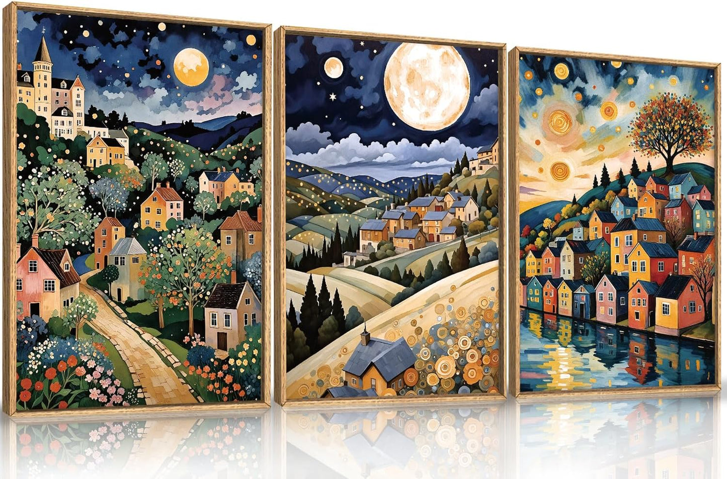 LHIUEM Large Abstract Colorful Framed Canvas Wall Art,Retro Night Village Wall Decor,Natural Moon Stars Wall Painting,Gustav Klimt Scenery Artwork for Living Room,Bedroom,Dining Room,Office -24"x36"x3