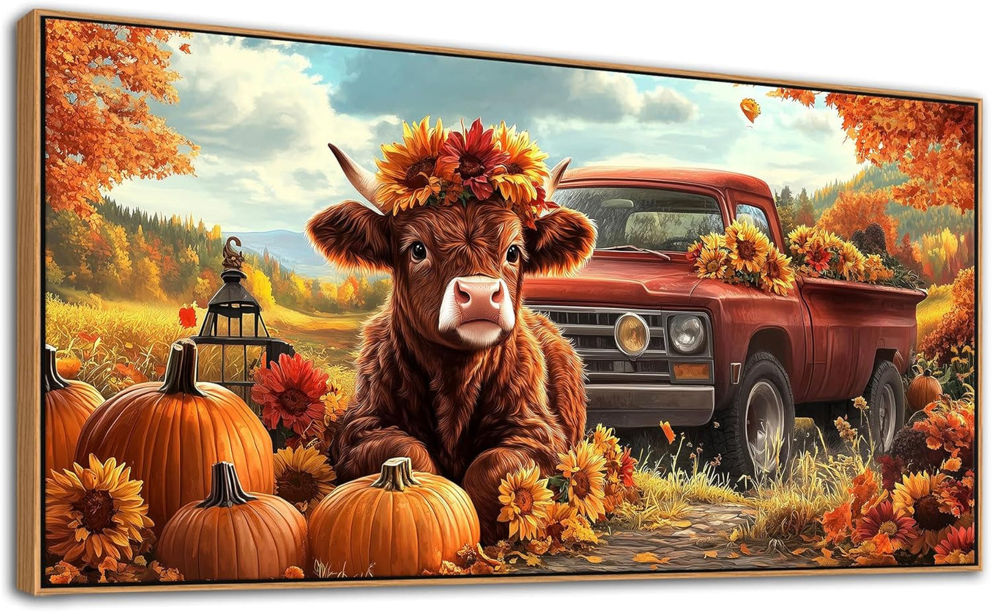 QZQCBLC Large Framed Wall Art, Orange Cow Pumpkins Rustic Fall Mountain Landscape Canvas Pictures Red Truck Sunflowers Painting Artwork for Living room Bedroom Home Office Artwork Wall Decor 29X58