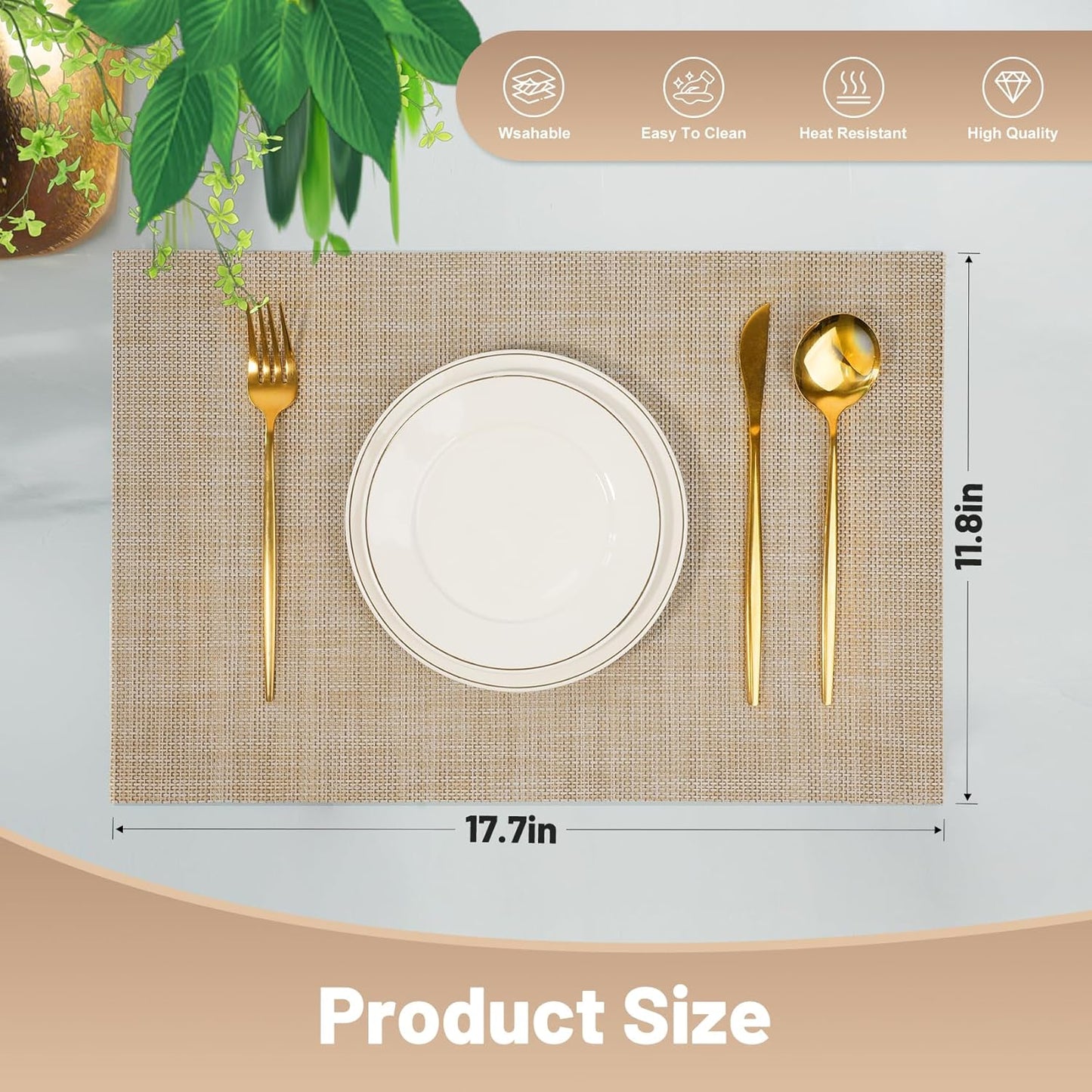 Placemats Set of 12，Non-Slip PVC Weave Table Mats Easy to Clean，Heat Resistant Place Mats for Kitchen Dining Table Decoration Indoor Outdoor，Beige