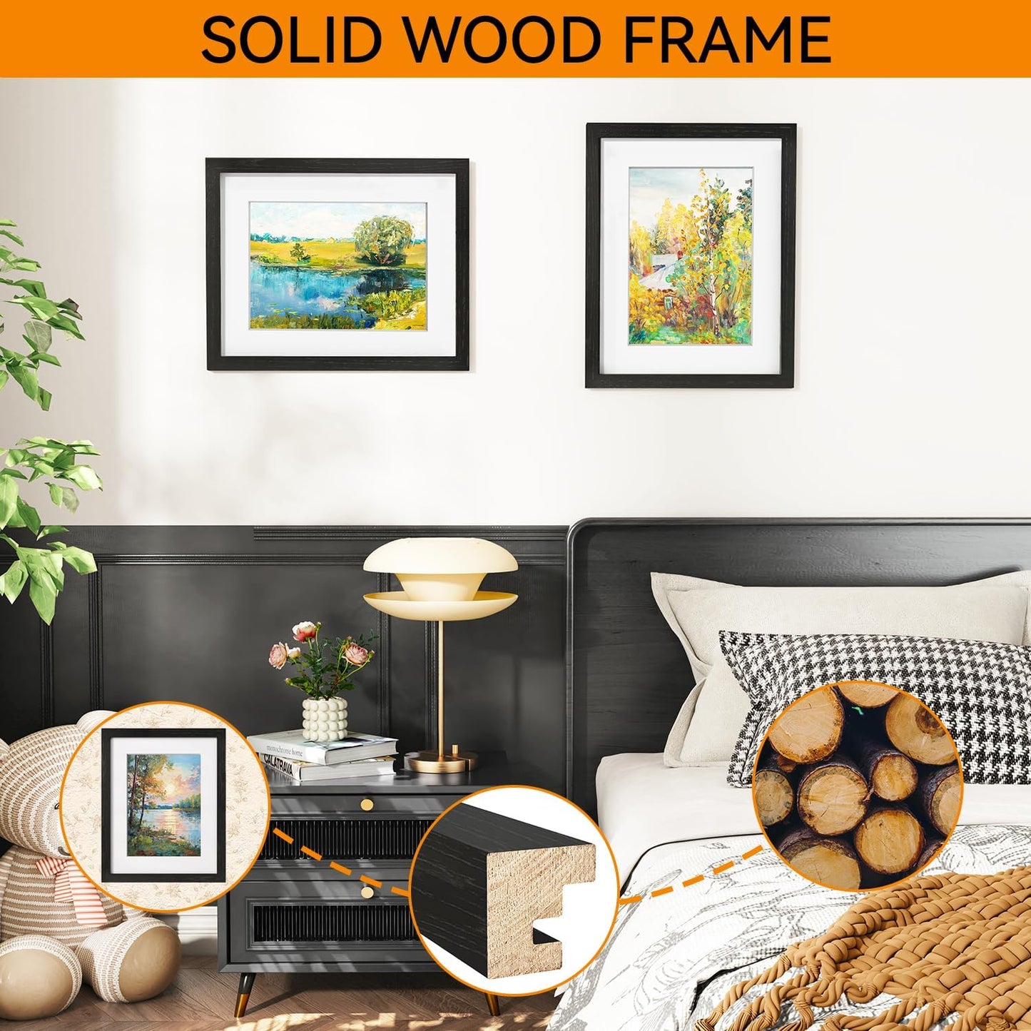 IBUYKE 11 x14 Picture Frame,Solid Oak Wood 11x14 Photo Frame with Mat to 8x10,11x14 Picture Frames With Tempered Glass,Wall Mount Display,Home Decor,Black Oak 14 x 11 Frame,UWPF1114B