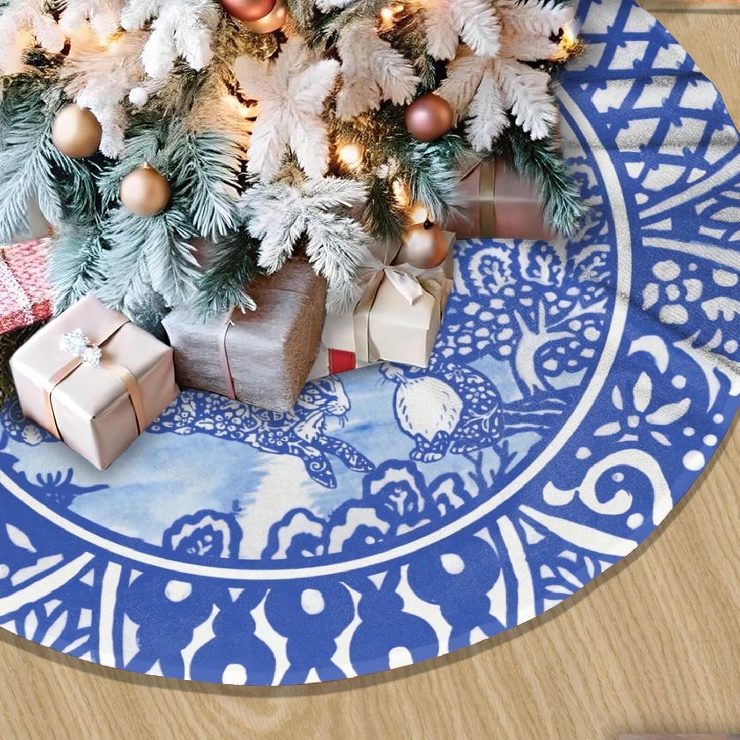 36" Large Christmas Tree Skirt, Blue Willow Oriental Rabbit Whimsical Blue & White Pattern Tree Mat Base Cover for Xmas Festive Holiday Party Decoration Ornaments
