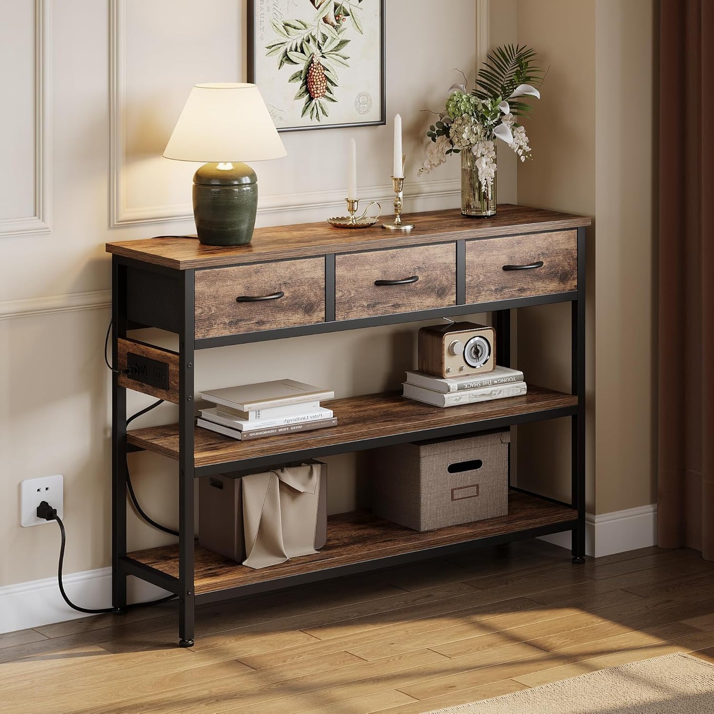 Lulive 2 Pack Entryway Tables with Power Outlets, Console Table with 3 Fabric Drawers, Sofa Table for Living Room, Hallway, Couch, Foyer, Height Adjustable