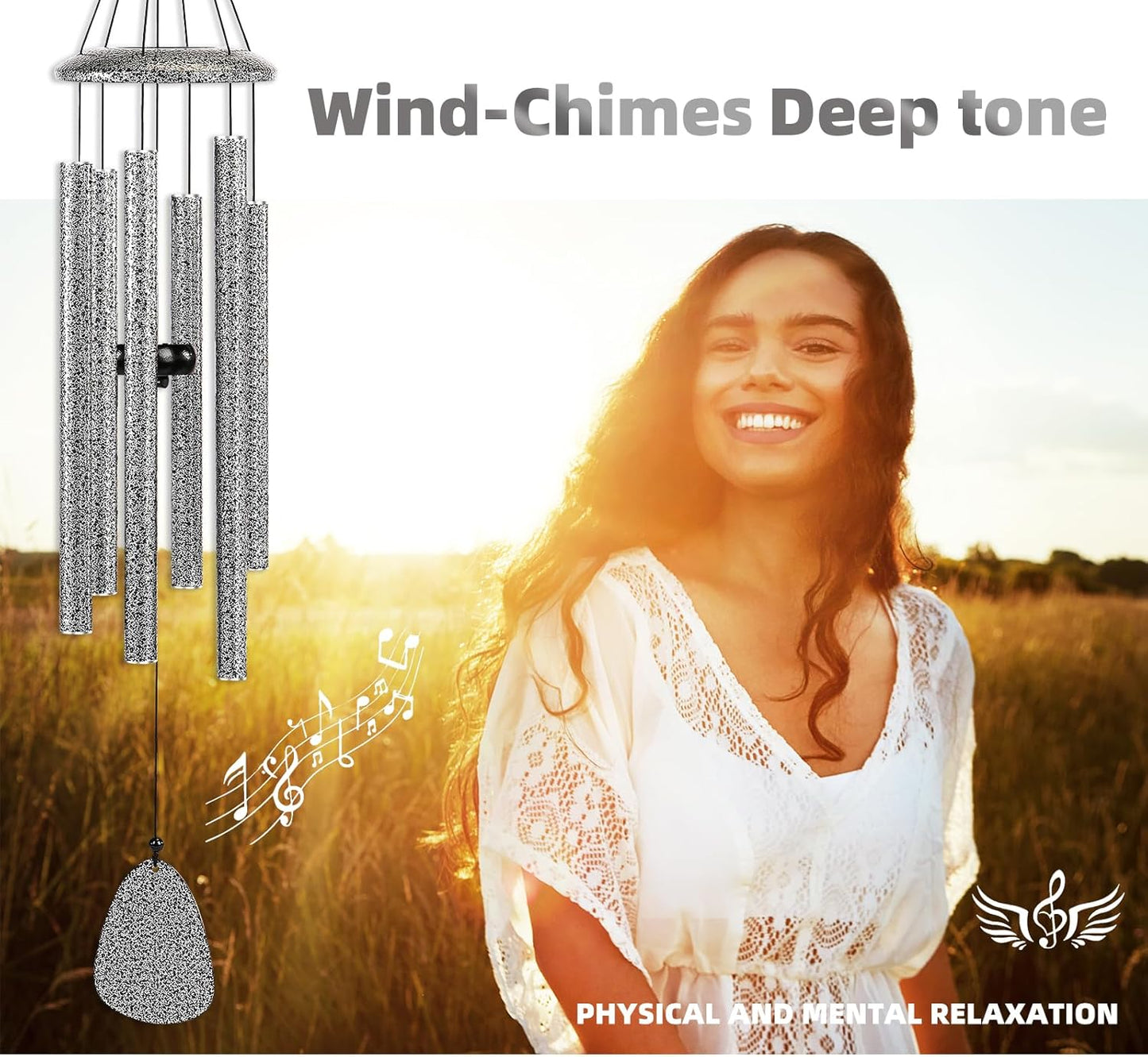 Wind-Chimes-Outdoor-Deep-Tone, Large Soothing Melodic Tones Windchimes, Wind Chimes for Outside, Memorial Wind Chimes Best Gift for Mom Women Grandma Neighbors(32" Silver Coated Aluminum)