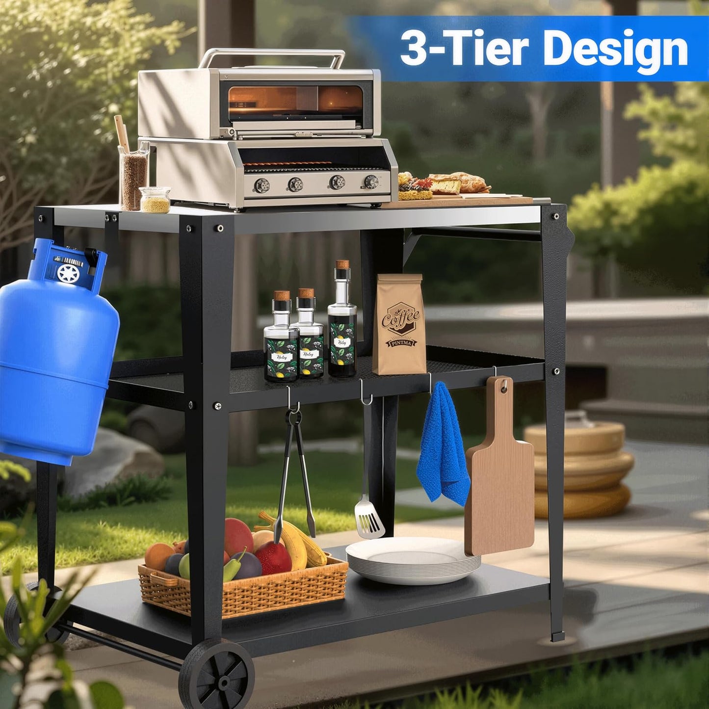 3-Shelf Outdoor Grill Table & Pizza Oven Cart with Wheels, Stainless Steel BBQ Prep Table with Hooks, Mobile Grill Stand for Blackstone/Ooni (Stainless Steel)