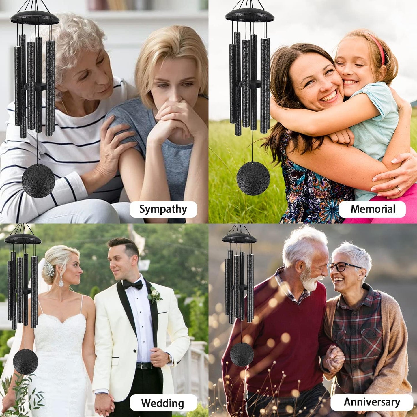 Sympathy Memorial Wind Chimes, 36' with 6 Metal Tubes, Outdoor Deep Tone for Garden, Christmas Hanging Decor - Black Grey