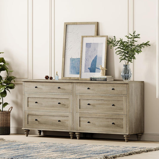 WAMPAT Kids Dresser for Bedroom with 6 Drawers, Rustic Oak Baby Dressers with Wide Chest of Drawers, Modern Wooden Closet Storage Organizer, Large Wood Dressers for Living Room, Nursery, Hallway