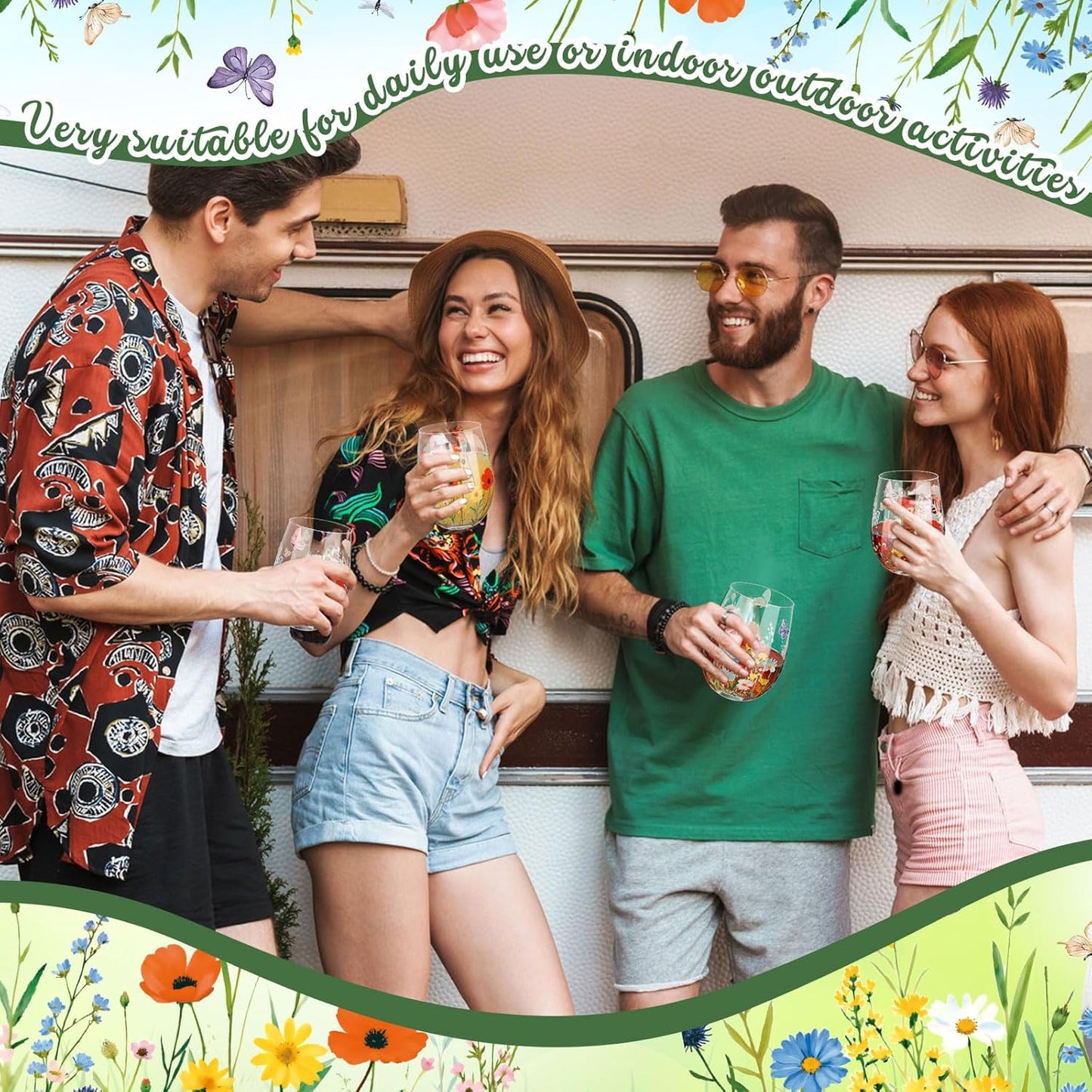 Sliner 2 Pack 17oz Wildflower Stemless Wine Glasses Floral Butterfly Drinking Glasses Spring Flowers Tumbler Cups for Graduation Wedding Mother's Day Birthday Drinking Party Favors