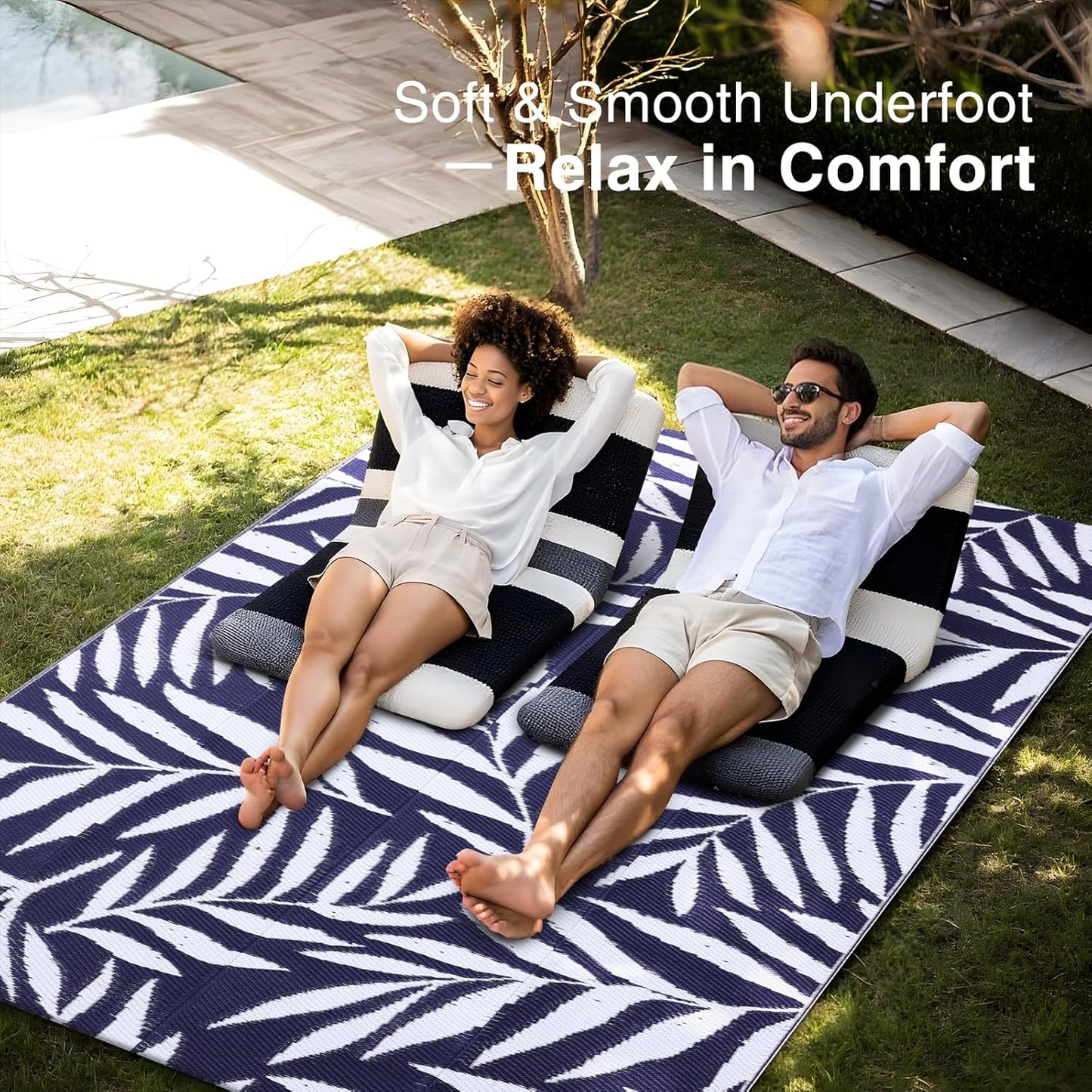 OLANLY Waterproof Outdoor Rug 5x8 ft, Reversible Outdoor Plastic Straw Rug with Leaf Pattern, RV Mat, Indoor Outdoor Carpet for Patio, Camping, Balcony, Deck, Backyard, Navy & White