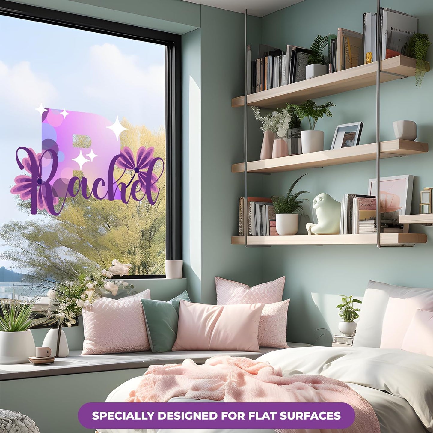 CRYPTONITE Custom Stickers Name Wall Decor with Purple Flower | Custom Name & Initial for Purple Wall Decor | Flower Wall Decals for Bedroom Decor I Custom Decal for Baby Girl Nursery Decor(E. Floral)