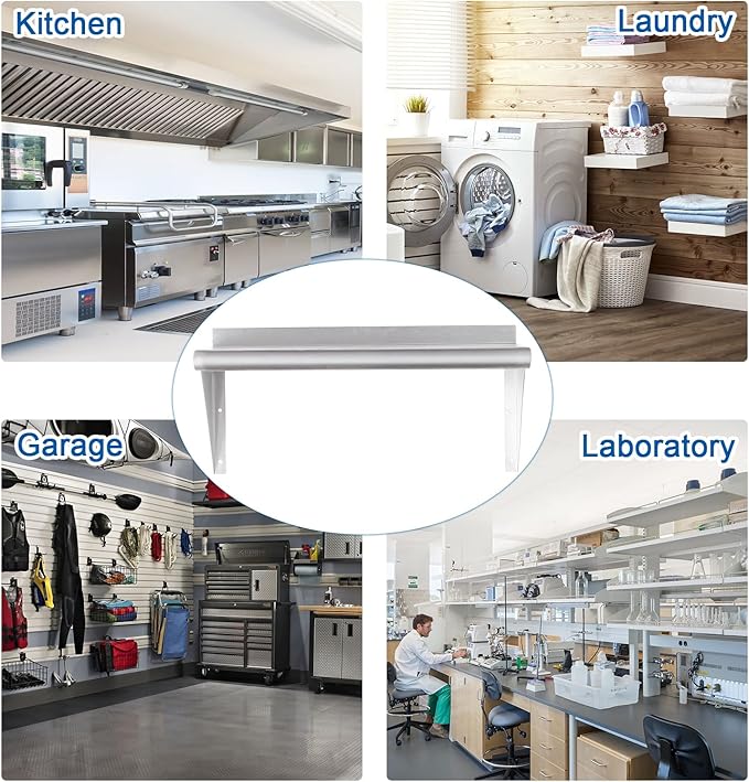 HARDURA Stainless Steel Shelf 12" x 36", 230lb Commercial Shelves Wall Mount Metal Shelving with Backsplash and Brackets for Kitchen, Restaurant, Laundry Room and Home