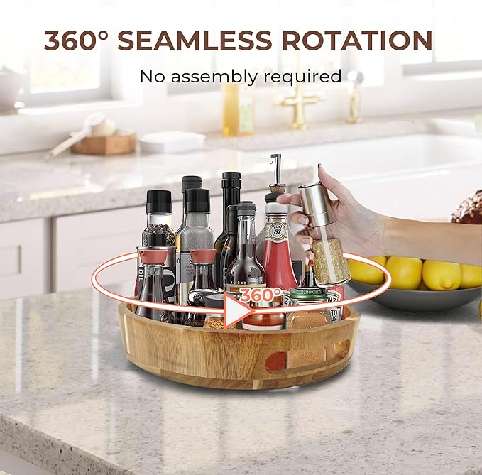 Lazy Susan for Table top 12 inch Wooden Large Lazy Susan Turntable Tray Organizer for Cabinet, Dining Table Centerpiece, Pantry, Kitchen Spice Cabinet Countertop Organizer, 100% Acacia Wood