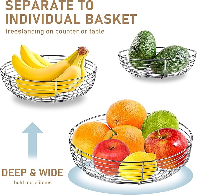 CAXXA 3-Tier Hanging Basket Fruit Organizer Kitchen Heavy Duty Wire Organizer with 2 Free Bonus Metal Ceiling Hooks, Chrome