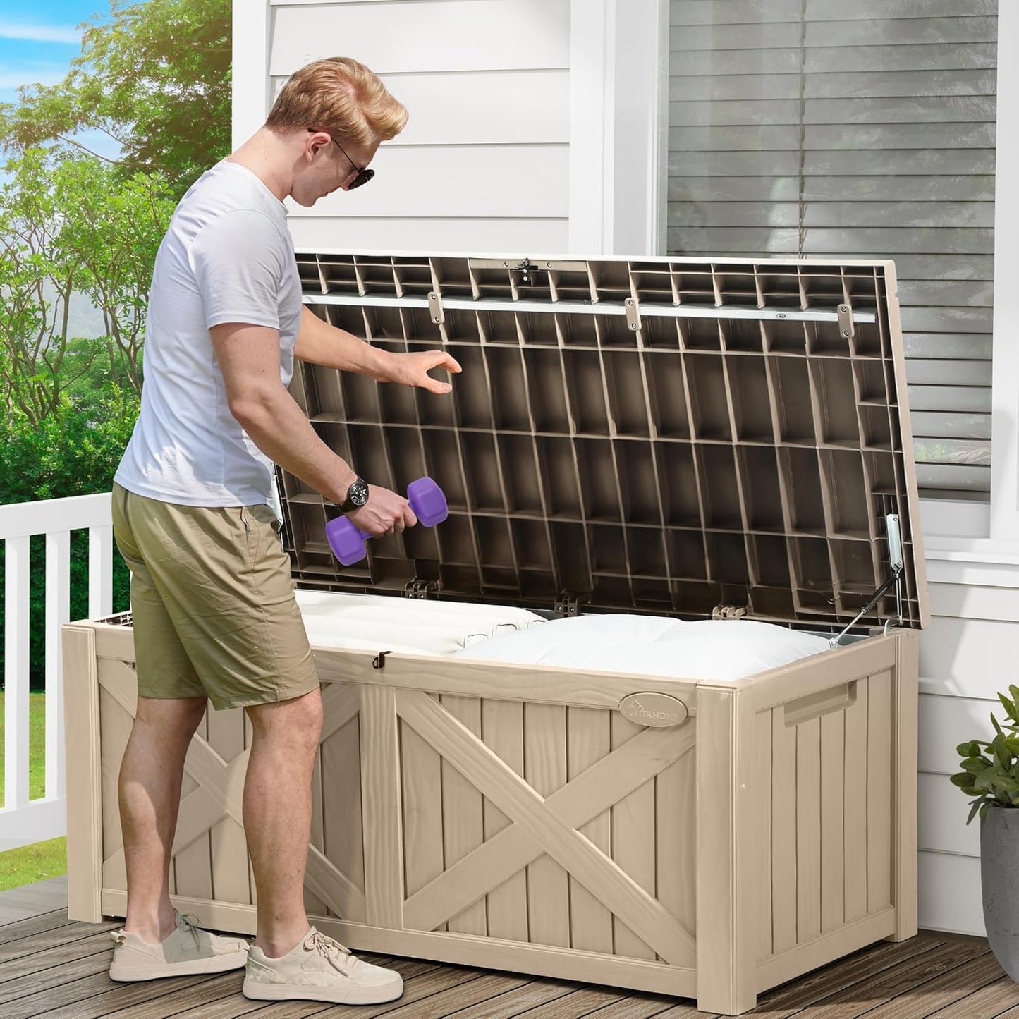 YITAHOME 120 Gallon Large Outdoor Storage Box with X-Shaped Front, Waterproof Resin Deck Box Cushion Storage Bench for Patio, Pool Supplies, Garden Tools- Lockable, Taupe