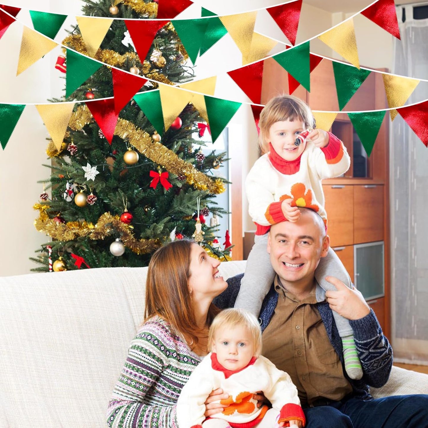 Christmas Party Decorations Triangle Pennant Banner Flag Red Green Gold Metallic Fabric Bunting Garland for Xmas Holiday Wedding Bridal Shower Birthday Bachelorette Graduation New Year Party Supplies