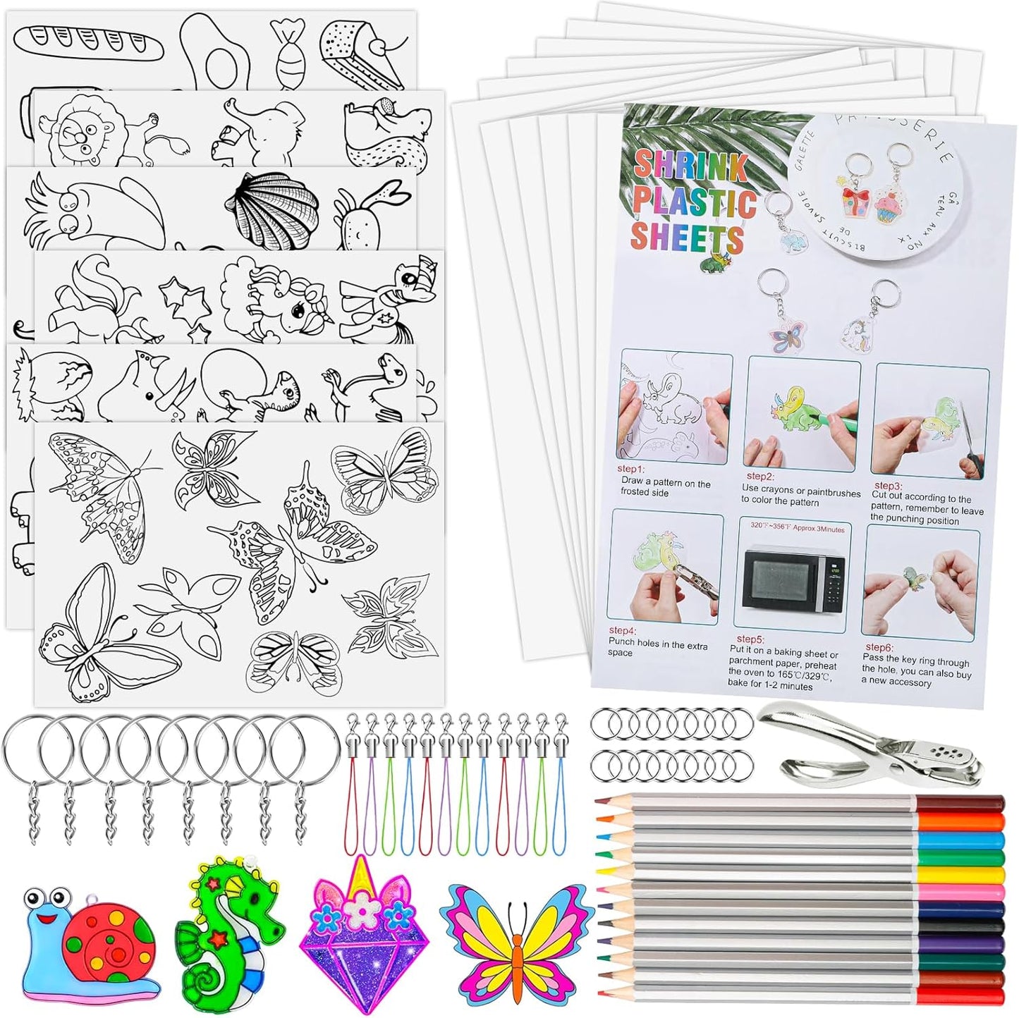 Natonhi 239Pcs Heat Shrink Plastic Sheets Keychain Kit, Including 40 Shrinky Art Paper,6 Traceable Picture, Hole Punch, Pencils, Keychains Accessories for Kids Shrinky Dinks Creative Craft Marking