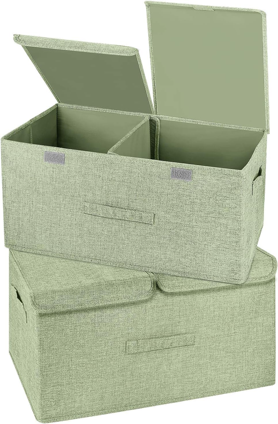 2 Pack Large Storage Boxes with Lids and Handles, Collapsible Linen Storage Bins Organizer Containers Baskets Cube with Removable Divider for Home Bedroom Closet Office (Green, Large)