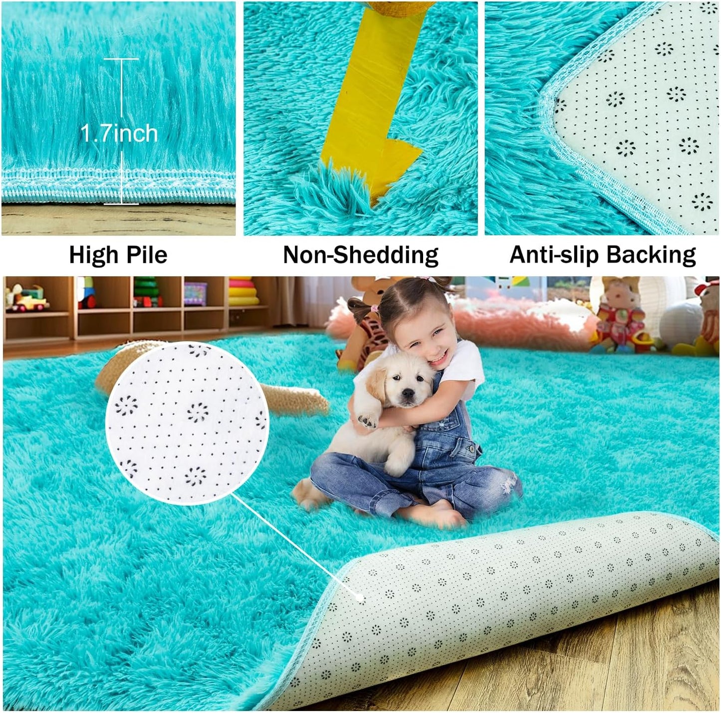 Rezutan Soft Fluffy Rug for Living Room Bedroom,Comfy Modern Large Shaggy Fuzzy for Kids Rug, Plush Indoor Nursery Classroom Home Decor Bedside with Non-Slip Bottom, Teal Blue, 8 X 10 Feet