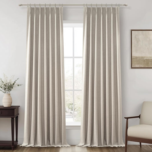 Extra Long Floor to Ceiling Pinch Pleat 108 Inch Curtains for Living Room 2 Panels Set, Luxury Grey Flax Linen Textured Viral Window Drapes with Hooks&Rings Heat Blocking Curtain for Summer Heat