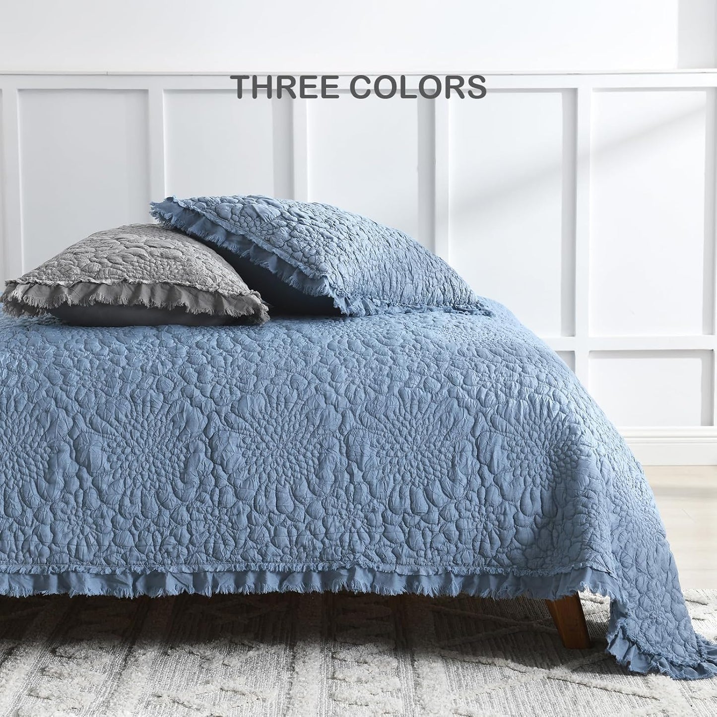 HORIMOTE HOME Blue Ruffled Quilt Twin Size, Stone-Washed Microfiber Lightweight Crinkled Farmhouse Rustic Shabby Chic Bedding Set, 2 Pieces Reversible Bedspread with Pillow Sham for All Season