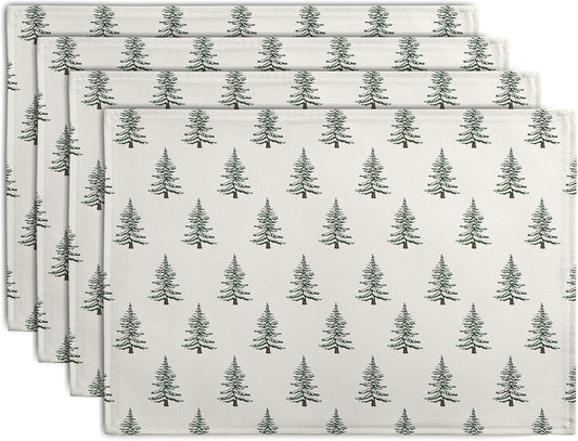 Pine Trees Christmas Placemats Set of 4 Xmas Tree Vintage Rustic Print Place Mats Winter Holiday Green White Farmhouse Linen Table Mats for Indoor Outdoor Kitchen Dining Party Decor
