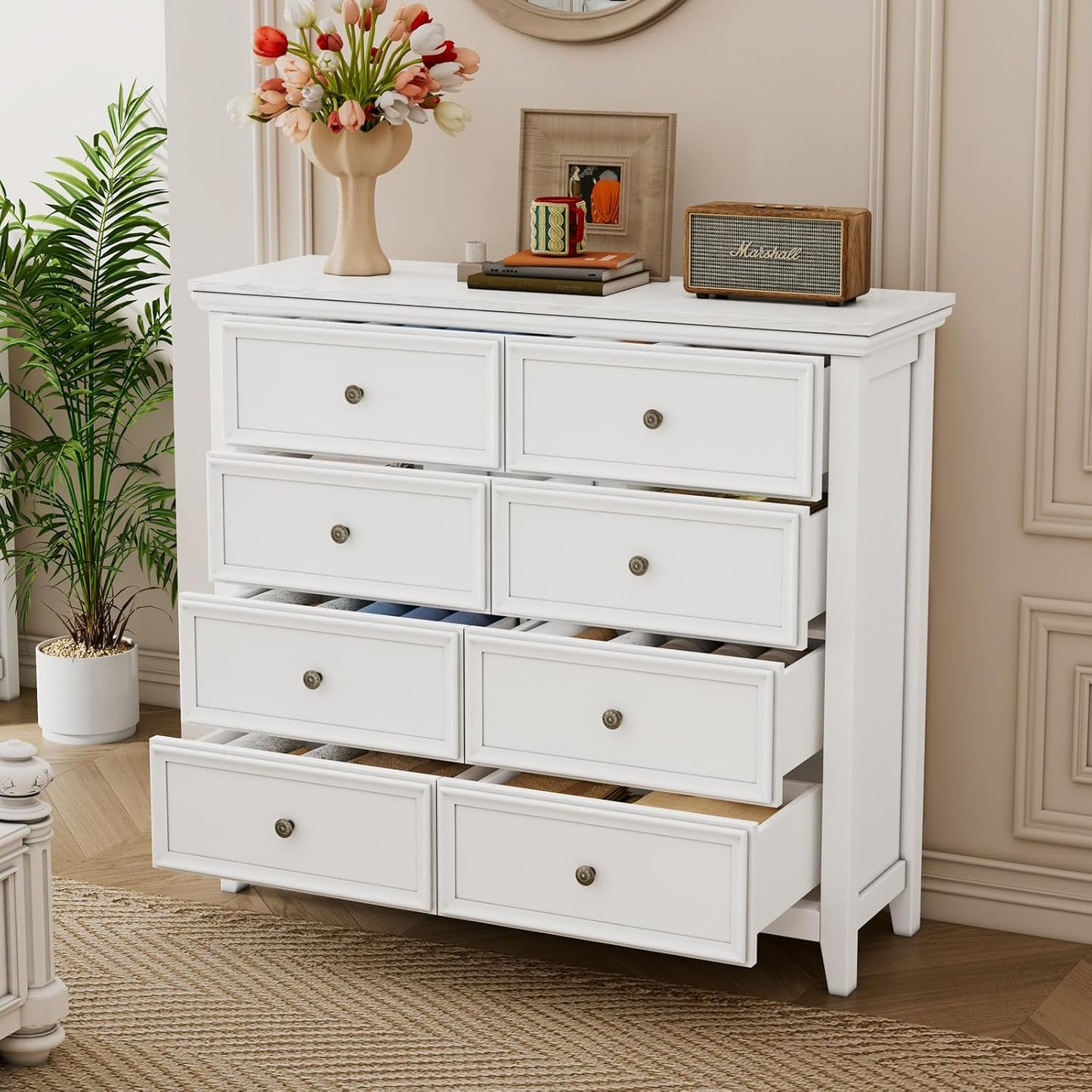 BLANKSPACE White 8 Drawer Dresser, Modern Dresser for Bedroom, Wood Drawer Organizer with Metal Knobs, Large Capacity Cabinet for Bedroom, Hallway