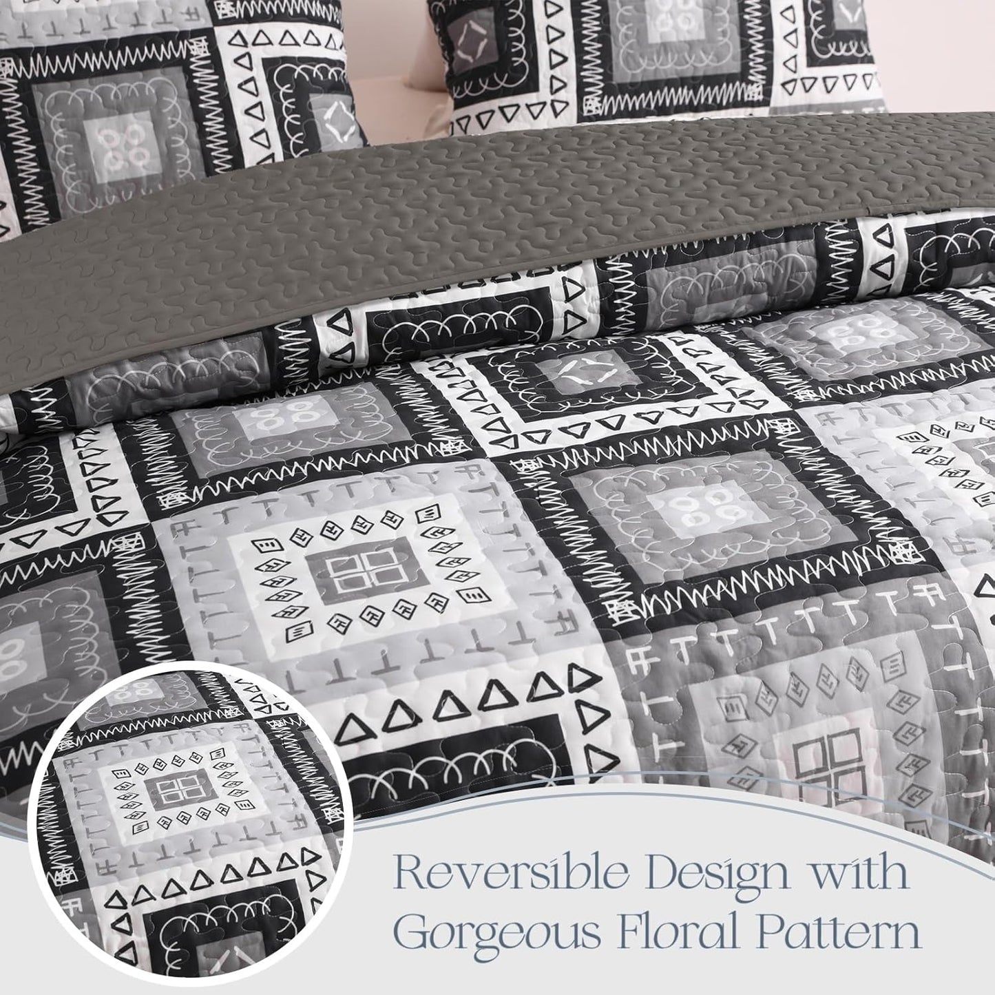 Exclusivo Mezcla Reversible Boho Quilt Set Queen Size, 3 Pieces Patchwork Black All Season Bedspreads, Ultra Soft Floral Coverlet Bedding Set with Printed Pattern (1 Quilt, 2 Pillow Shams)