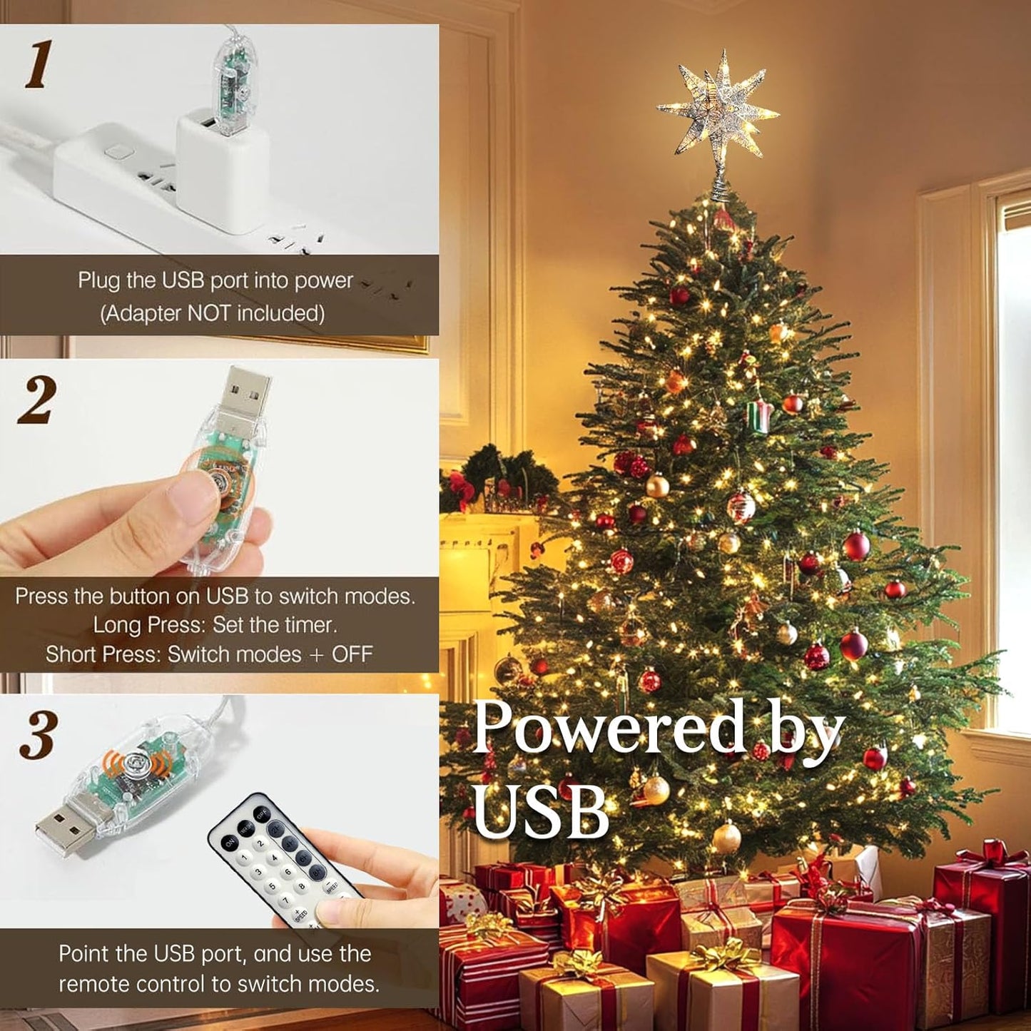 Christmas Star Tree Topper Silver, 3D Geometric Star Decorative Tree Topper with Warm White 50 LED Light Beads for Home Holiday Xmas Tradition Moravian Decor, Timer Function 5m Cable