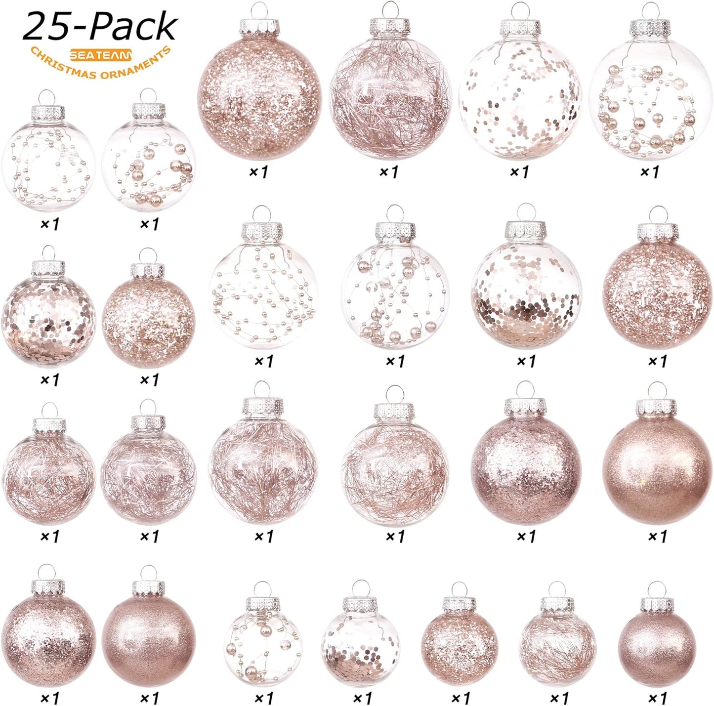Sea Team Multi-Size Shatterproof Clear Plastic Christmas Tree Ball Ornaments Set, Decorative Hanging Transparent Xmas Baubles with Stuffed Delicate Decorations (25 Counts, Rose Gold)