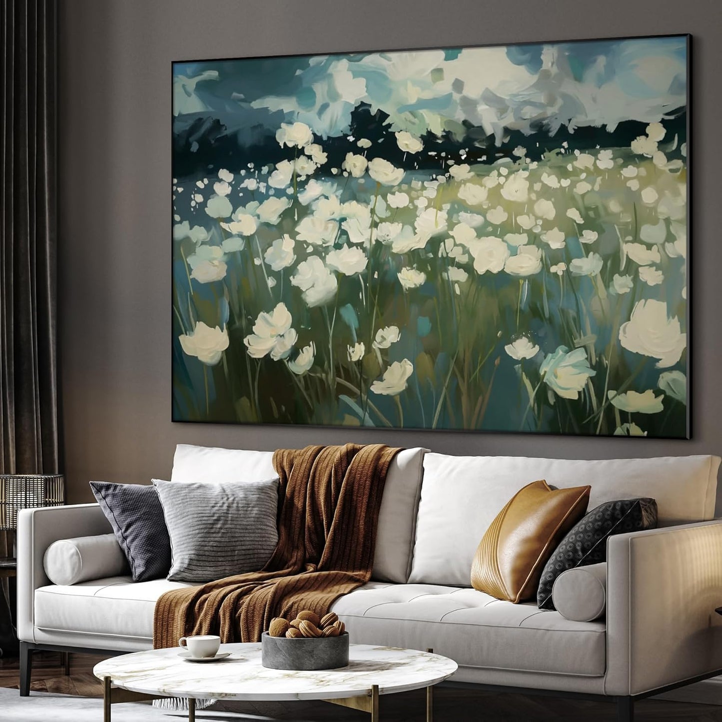 SIGNWIN 60"x72" Extra Large Framed Wall Art White Wildflower Field in Impressionist Style, Soft Floral Landscape for Home Living Room Bedroom Decor (Frame Assembly Required)