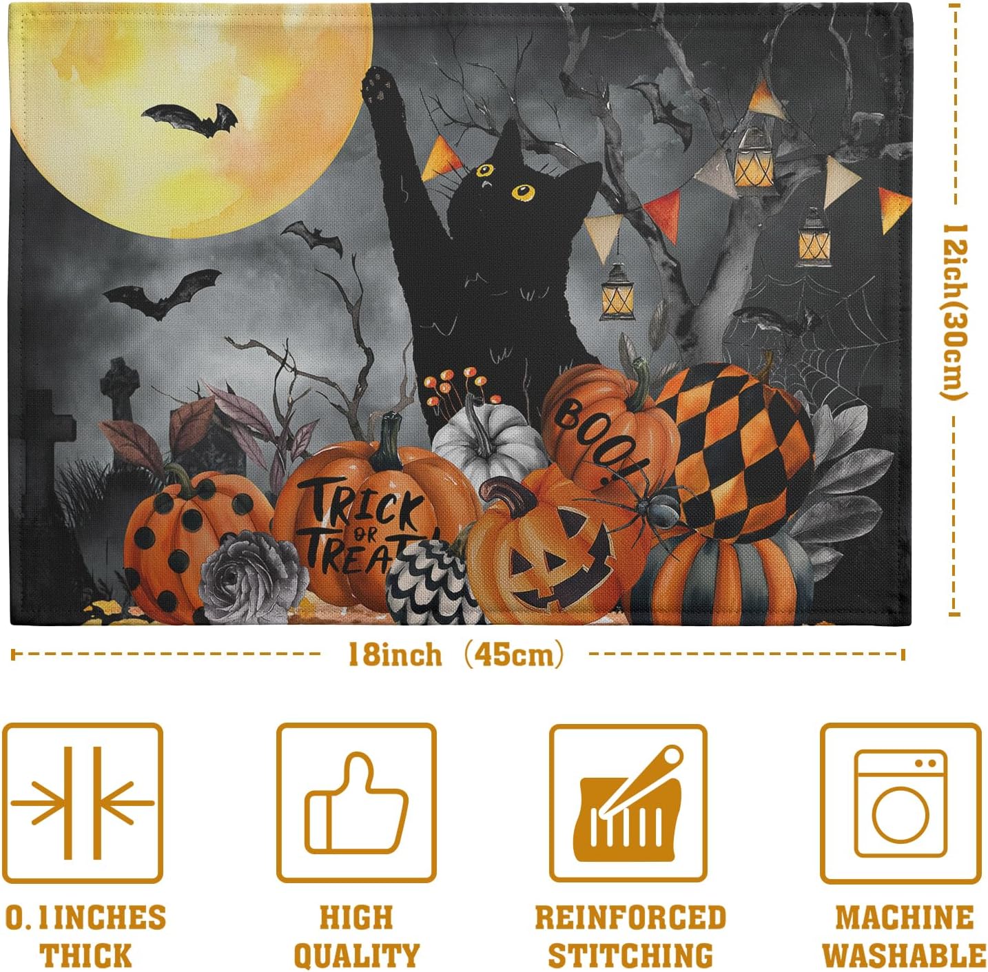 Black Cat Halloween Placemats Set of 4 Spooky Pumpkin Boo Bat Moon Horror Place Mats 12x18 Inch Seasonal Washable Linen Table Mat for Party Kitchen Dining Outdoor Indoor Decor