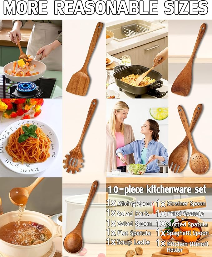 Wooden Spoons for Cooking,Wooden Cooking Utensil Set,10-Piece Wooden Kitchen Utensil Set with Wooden Spoons(A10)