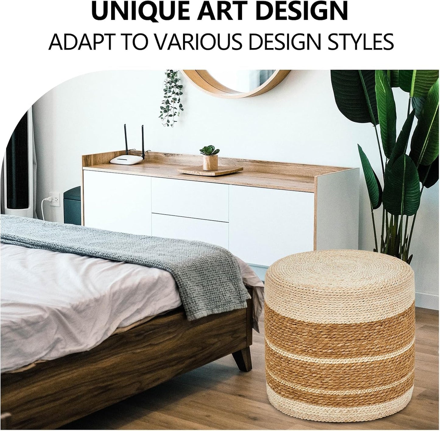 Cplxroc Ottoman Poof, Natural Seagrass Poufs, Hand Weave Round Footstool, Pouffe Accent Chair, Home Decorative Seat, Boho Deco Floor Chair for Living Room, Bedroom (18inch 68LG)