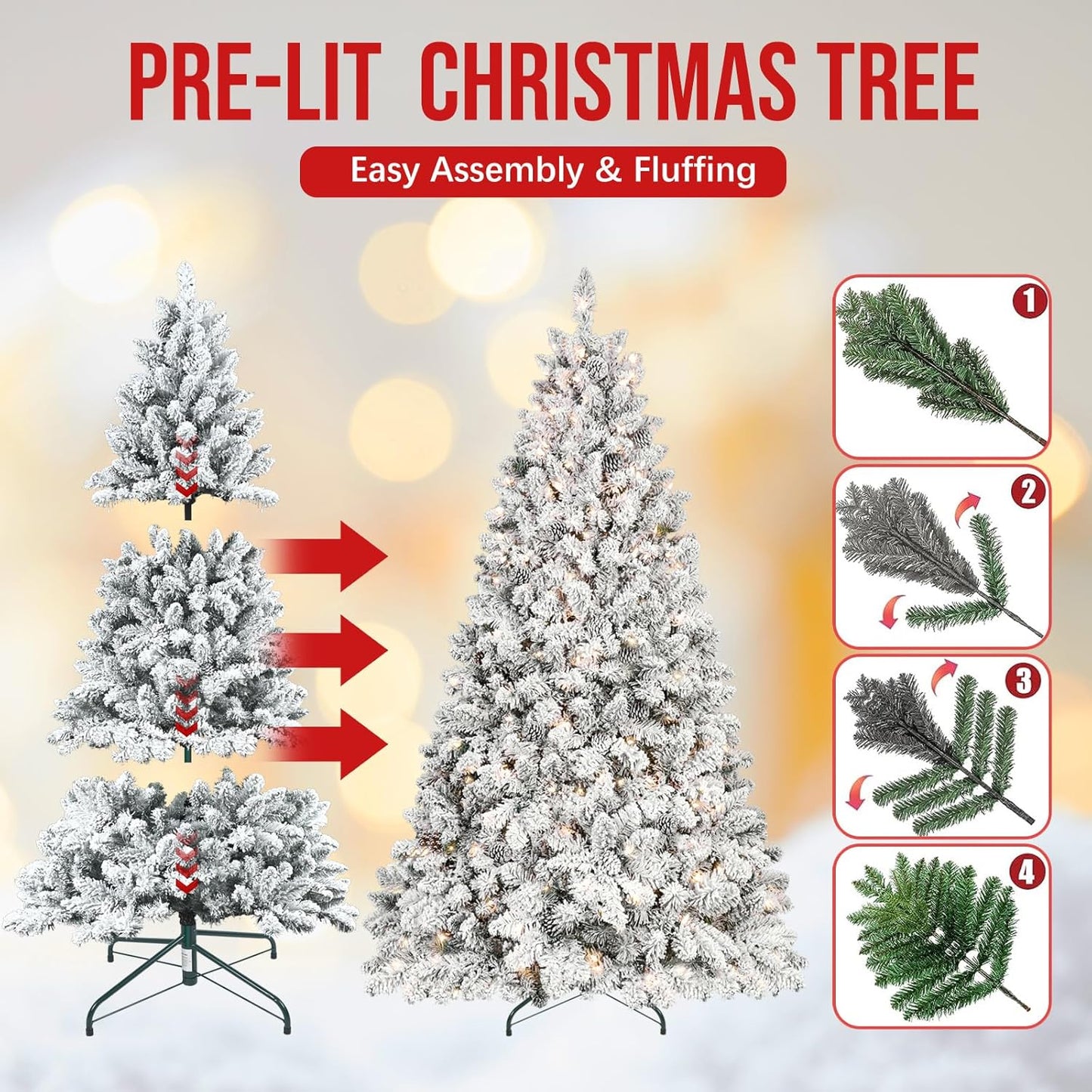4 ft Prelit Flocked Christmas Tree with Pine Cones & 150 UL Lights, Snow Frosted Artificial Christmas Tree with Auto Hinged Stand for Holiday Decor