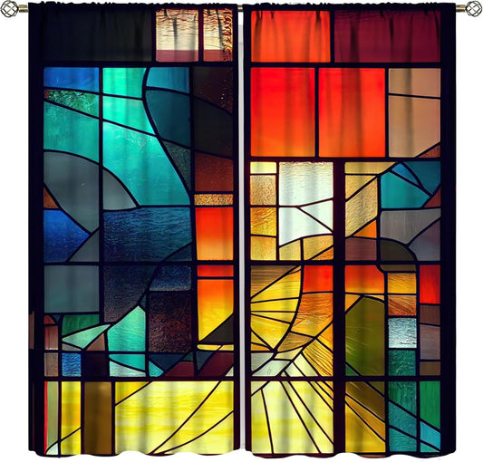 Stained Glass Curtains,Retro Abstract Colorful Geometry Textures Art Home Decor Drapes for Bedroom Living Room Kitchen Window Treatment 2 Panels Set Total Size 63" W X 63" L Inch