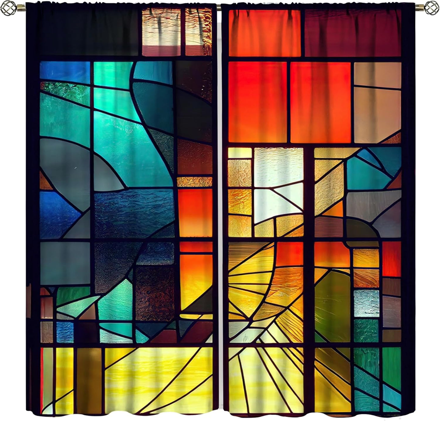 Stained Glass Curtains,Retro Abstract Colorful Geometry Textures Art Home Decor Drapes for Bedroom Living Room Kitchen Window Treatment 2 Panels Set Total Size 72" W X 63" L Inch