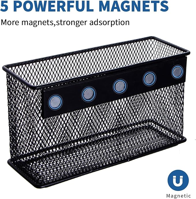 dedoot Magnetic Basket for refrigerator Storage Pencil Holder Basket Mesh Black Strong Magnetic Pen Holder for Refrigerator ,Whiteboard, Locker, Home and Office Organizer, 6.3x2.3x3.6inch,2 Pack