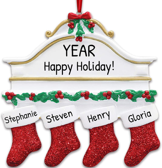 3D White Mantle Family of 4 Christmas Ornament 2025 Personalized Family Christmas Ornaments 2025 | Garland Fireplace Personalized Tree Ornaments Customizable Gifts Red Stockings of Four Ornament