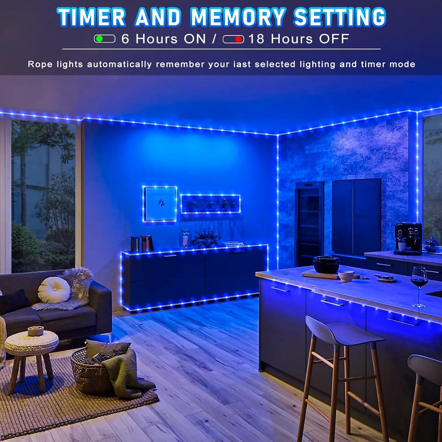 Rope Lights for Outside, 164FT 500 LED Rope Lights Outdoor Waterproof, 8 Modes Plug in String Lights for Indoor Bedroom, Garden, Deck, Patio, Pool, Landscape, Party Decorations - Blue