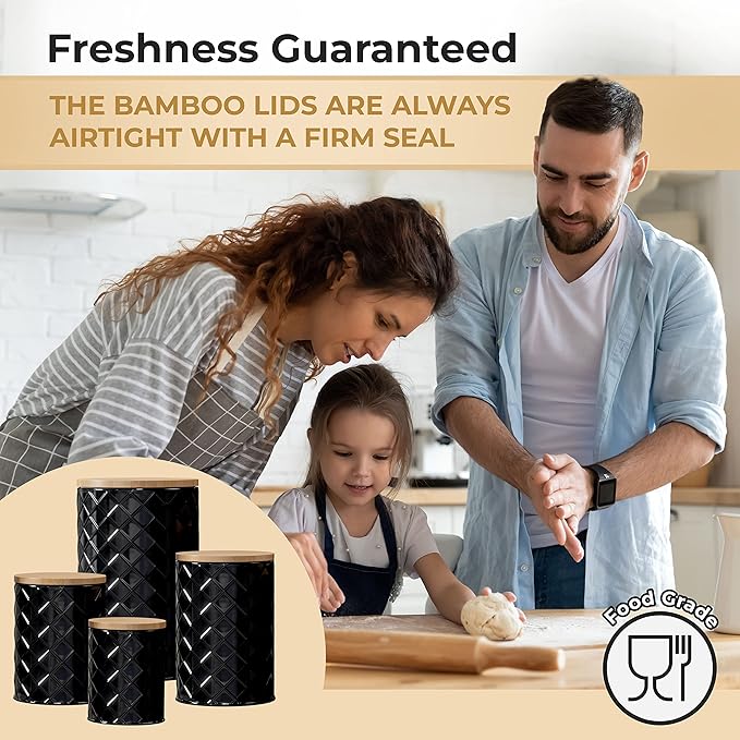 Pebble & Stem® Black Metal Canister Set for the Kitchen Counter, Food Canister Set of 4, Airtight Lids, Sugar and Flour Containers for Countertops, Coffee and Tea Storage, Farmhouse Decor