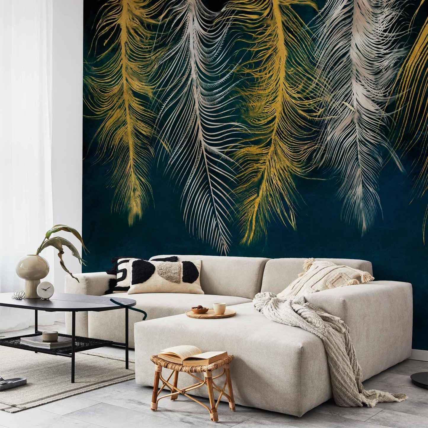 artgeist Wall Mural Feather 135x101 in - XXL Peel and Stick Self-Adhesive Wallpaper Removable Large Sticker Foil Wall Decor Print Picture Image Design Abstract Beige Navy Blue b-A-0812-a-a