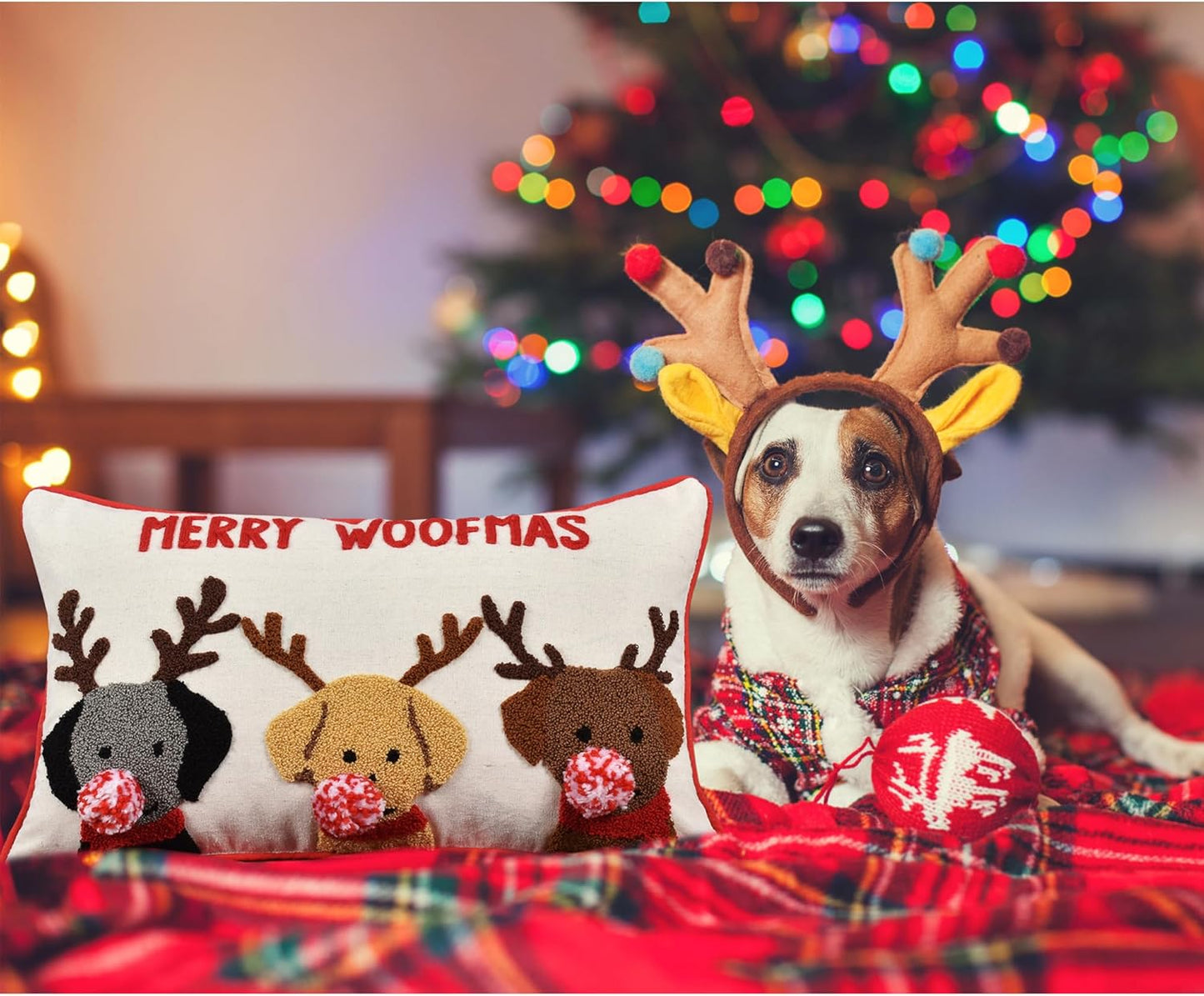 Merry Woofmas Christmas Pillow Covers 12x20, Cute Dog Embroidered Christmas Throw Pillow Covers Christmas Decorations Holiday Pillows for Home Couch,Linen/red