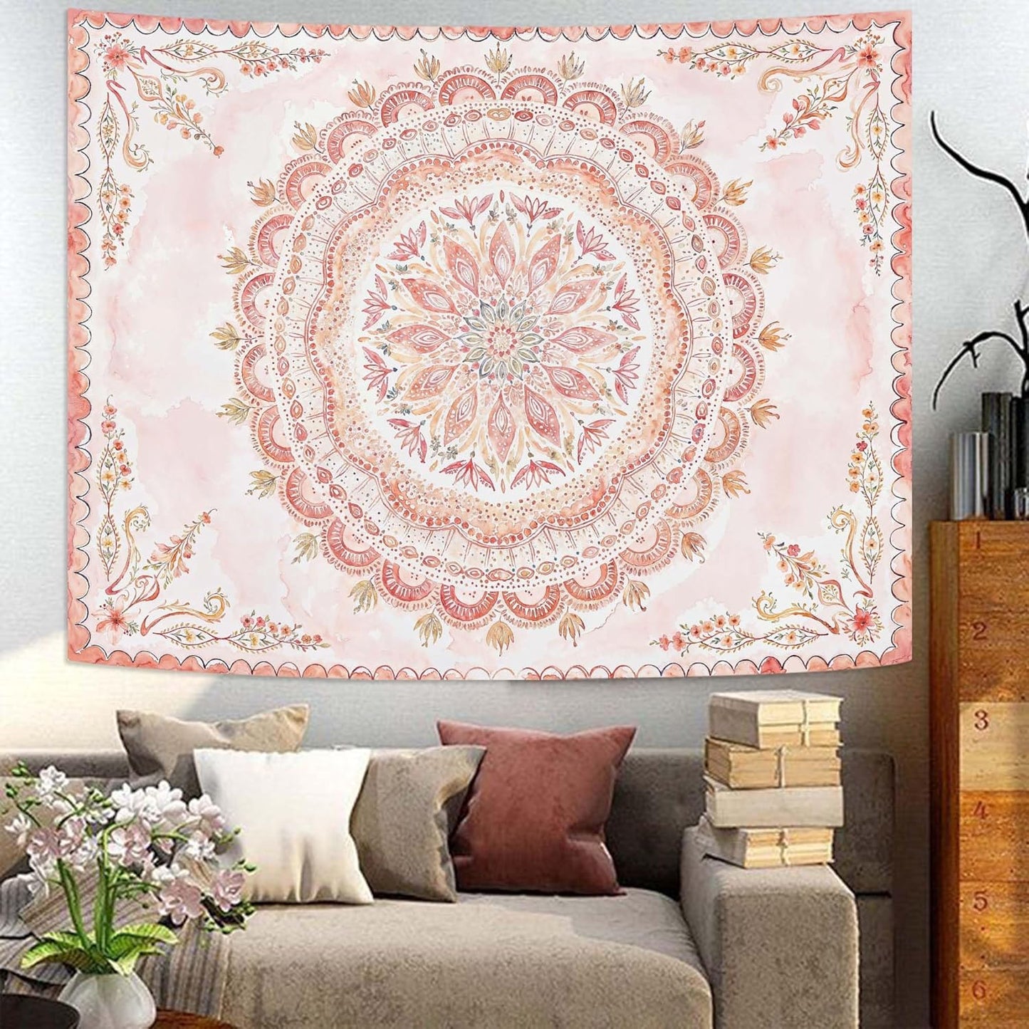 Fowocu Boho Floral Mandala Tapestry Wall Hanging Pink Bohemian Flower Medallion Tapestry Aesthetic Watercolor Hippie Indian Small Tapestries for Bedroom Living Room Dorm Decor 60 x 44 Inch