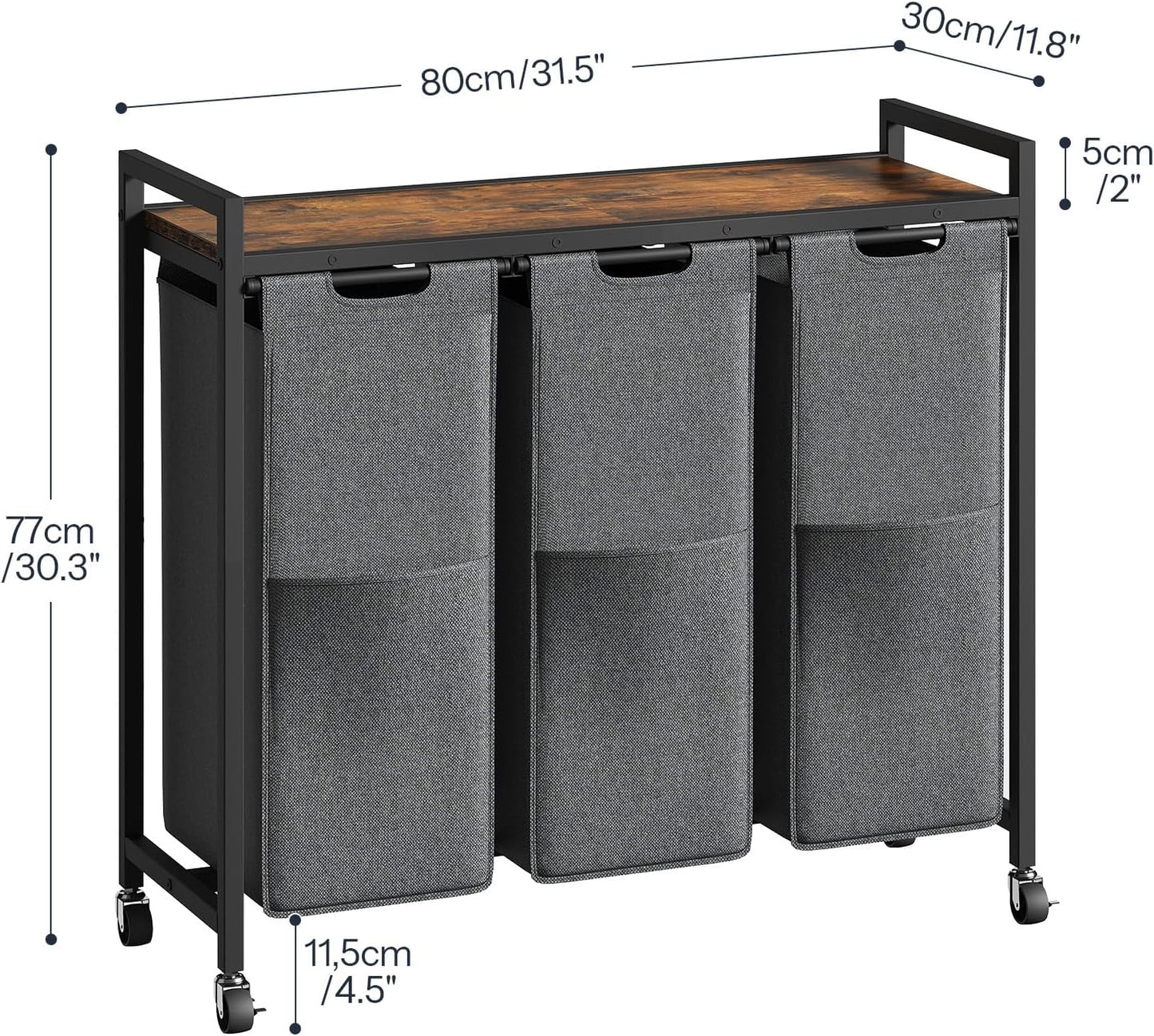 HOOBRO Laundry Sorter 3 Section, Laundry Hamper with Wheels, 3 × 11.5 Gal (43.4L), Rolling Laundry Basket, Pull-Out and Removable Oxford Fabric Laundry Bags, Rustic Brown and Grey BFG76XY01
