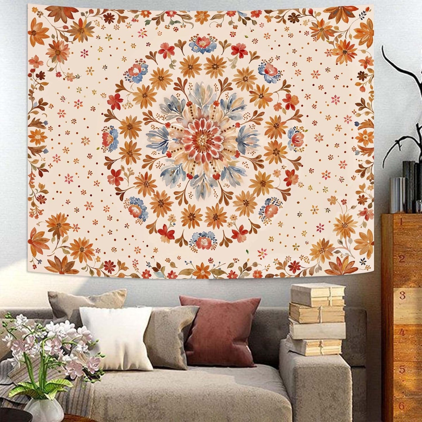 Fowocu Boho Floral Mandala Tapestry Wall Hanging Watercolor Bohemian Flower Medallion Tapestry Aesthetic Beige Orange Hippie Indian Small Tapestries for Bedroom Living Room Dorm Decor 60 x 44 Inch