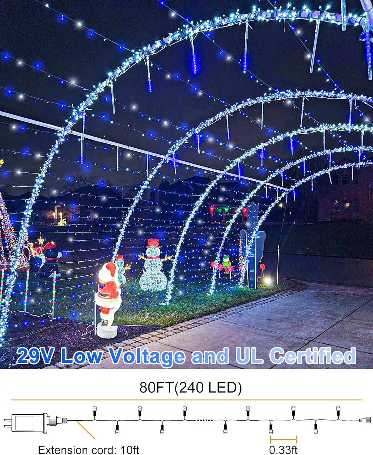 80FT 240 LED Christmas Lights Outdoor, Plug in Christmas Tree Lights Waterproof, 8 Modes & Timer, Connectable Green Wire String Light for Indoor Home Garden Party Holiday Decorations, Blue White